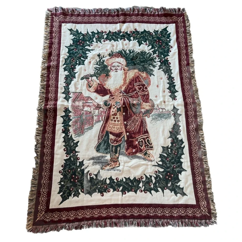Goodwin Weaver Old World Christmas Santa Tapestry Fringe Throw Blanket 63X44